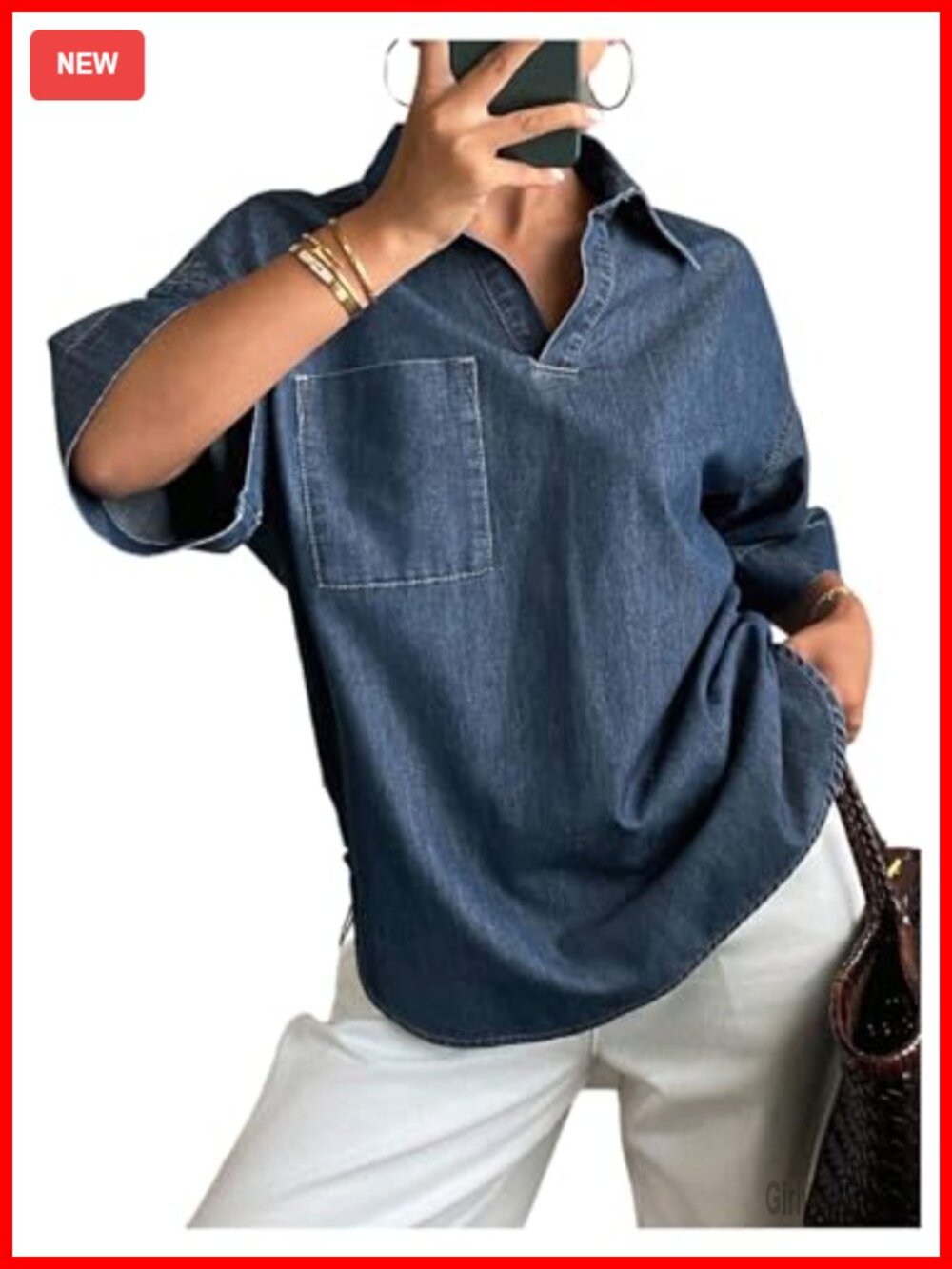 Women's Denim Blouse Collar V Neck Short Sleeve Oversized Jean Shirt